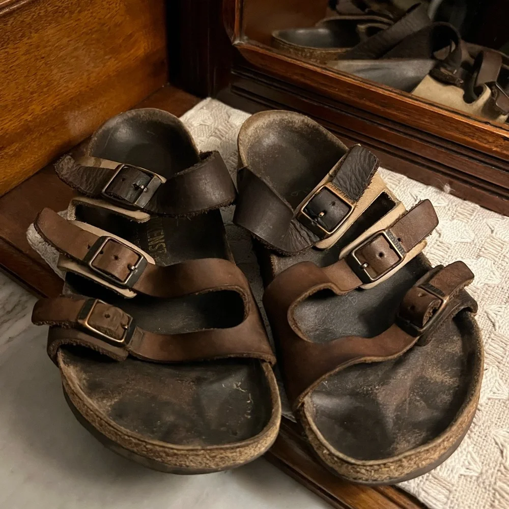 BIRKENSTOCK Classic Florida Soft Footbed Leather Sandals Brown Cream‎ Wms Sz 6.5